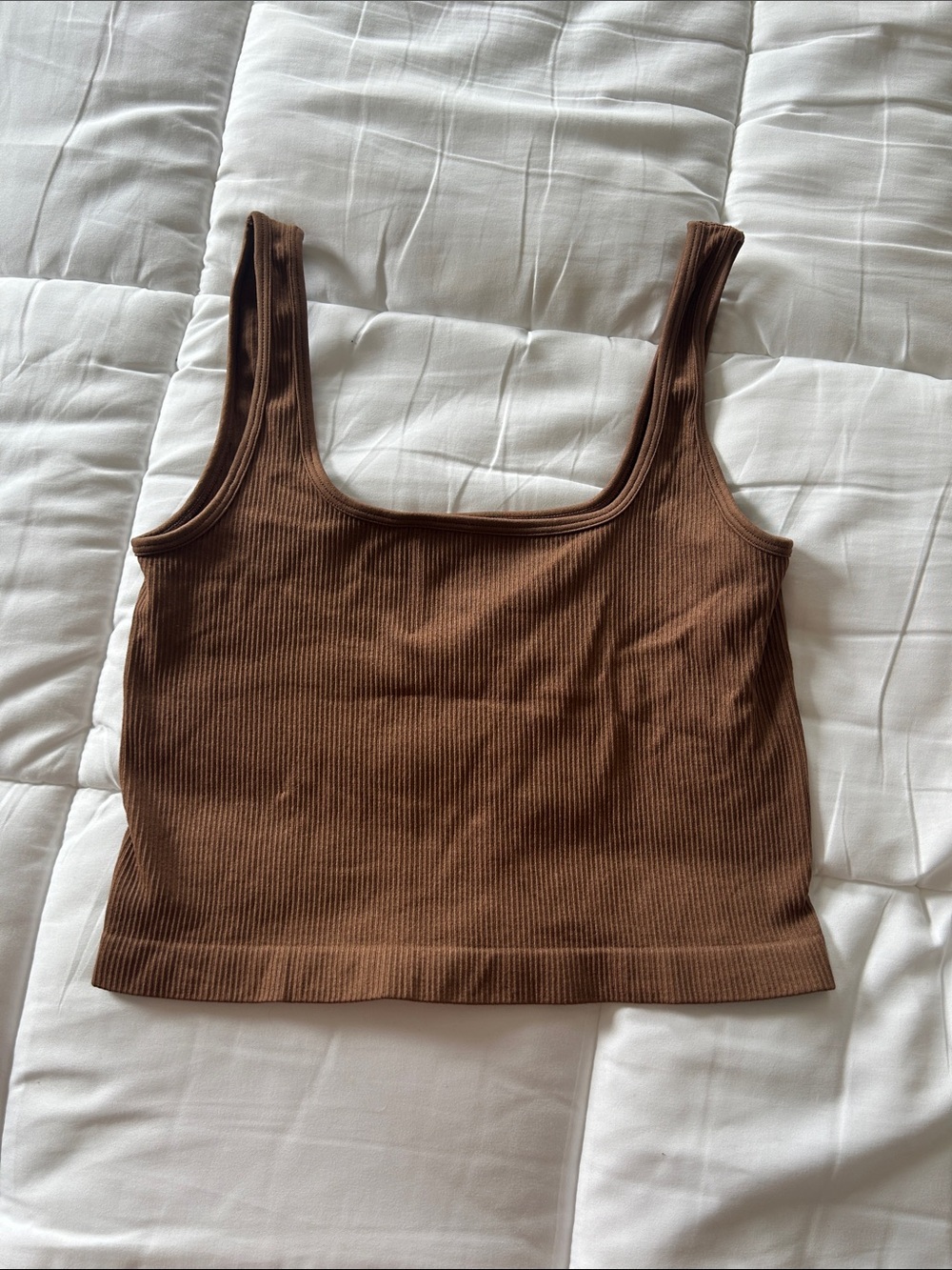 Brown Ribbed Square-Neck Crop Top